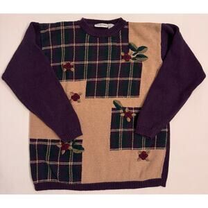 Vtg Season Ticket Purple/Green/Cream Holiday Sweater Sz S Christmas Plaid